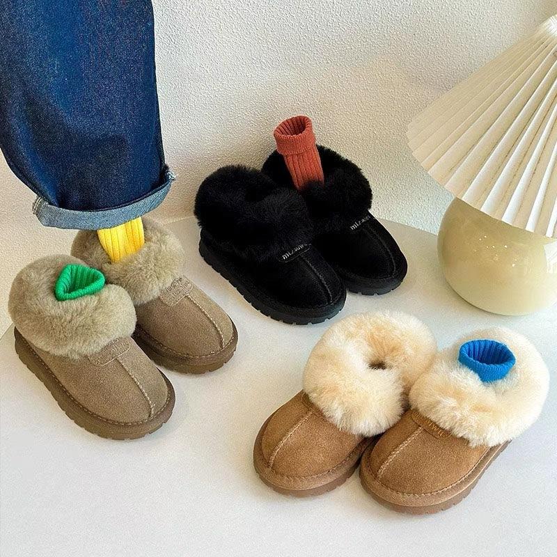 Children's Genuine Leather Snow Boots Lamb Wool Cotton Shoes Korean Style Plus Velvet Thickened Loafers
