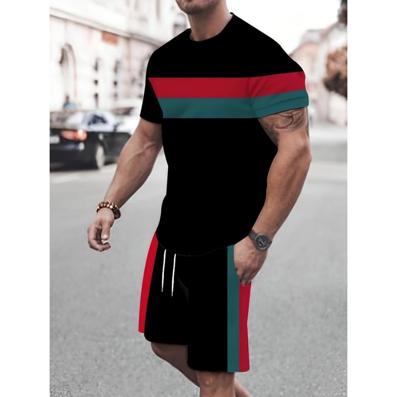 Vacanza estiva Set T-shirt da uomo Stampa 3D Tinta unita Uomo Maglietta a maniche corte Girocollo Pantaloncini Set due pezzi Abiti casual da uomo Abbigliamento