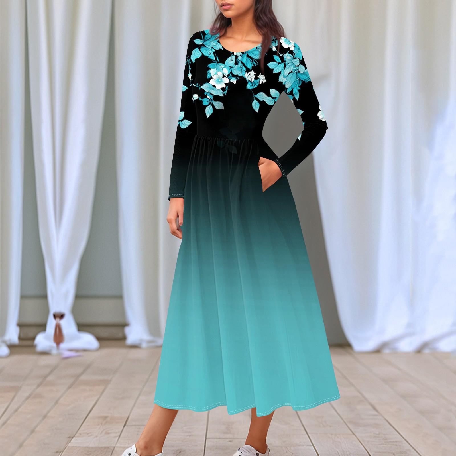 

Женское платье миди в стиле бохо с цветочным принтом, повседневное, с длинным рукавом, струящиеся платья со сборками и карманом, лето и весна XXL темно-зеленого