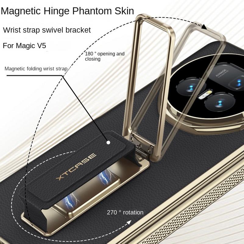 Adjustable Wristband Holder Plated Gold Frame Leather Hinge Case for Honor Magic V5 with Glass Film Lens Protect Cover