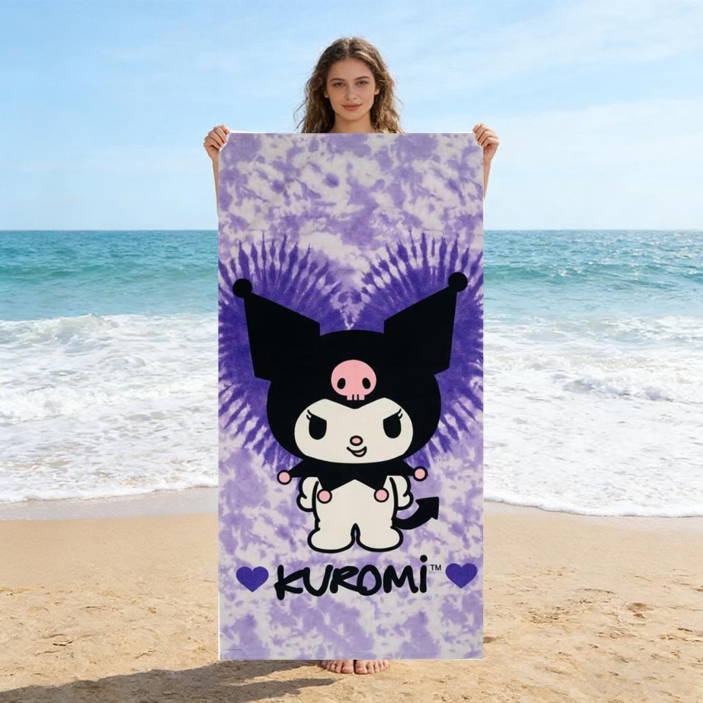 Kuromi Printed Super Soft Cotton Beach Towel Tie-Dye Purple Bath Towel for Pool Beach Bathroom