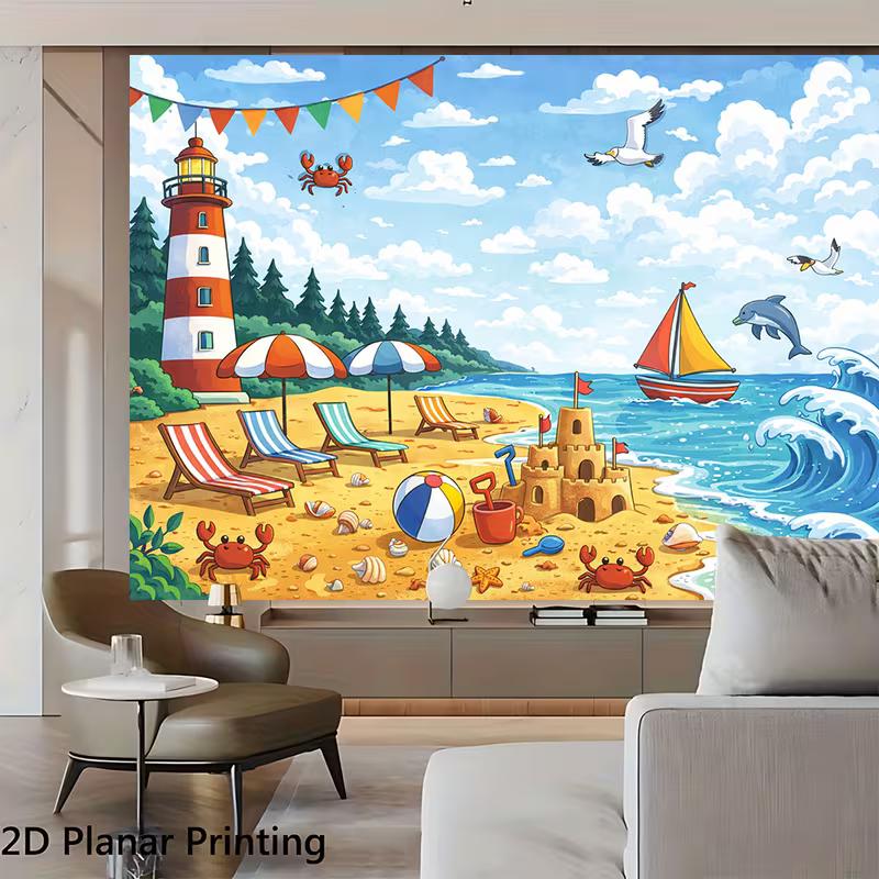 2D Summer Beach Scene with Crab & Dolphin Photoshoot Background