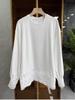 Korean Long Sleeve Lace Trim T-shirt, Round Neck, Solid Color, Casual Loose Fit