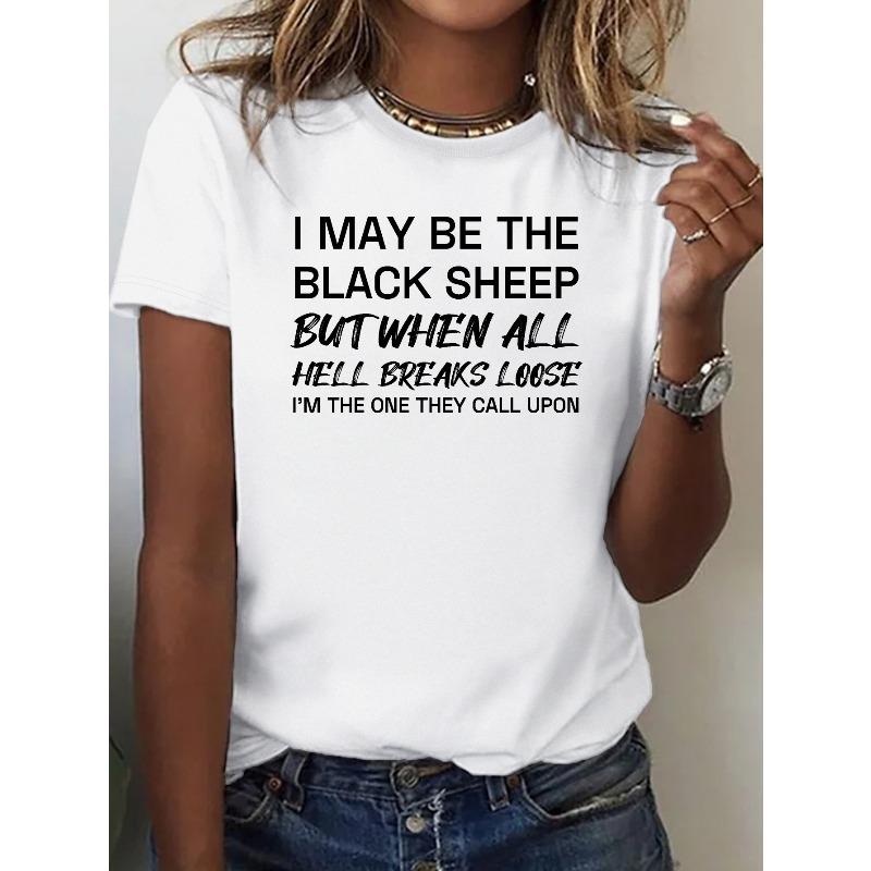 1pc Women'S Casual T-Shirt with "Black Sheep" Quote, Round Neck, Stretchy Fabric, Summer Season, Printed Graphic Tee