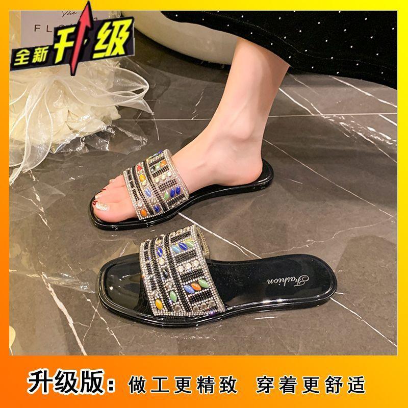 

Niche rhinestone flat-bottomed cool slippers 2025 summer new simple, fashionable and comfortable one-word slippers women wear all-match 36