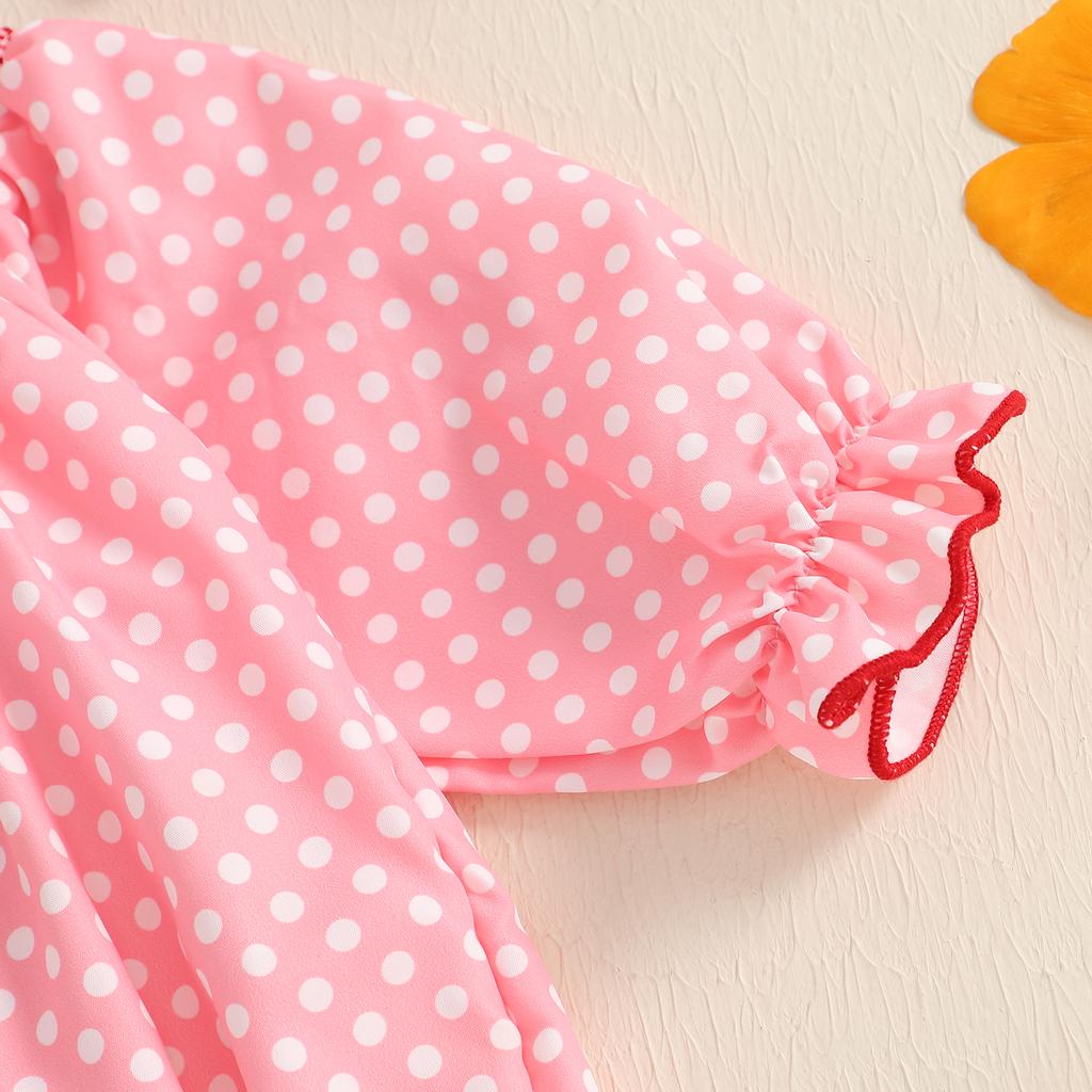 Toddler Girl Valentine's Day Romper Heart Embroidered Dot Long Sleeve Smocked Round Neck Ruffled Fall Jumpsuits Headband 