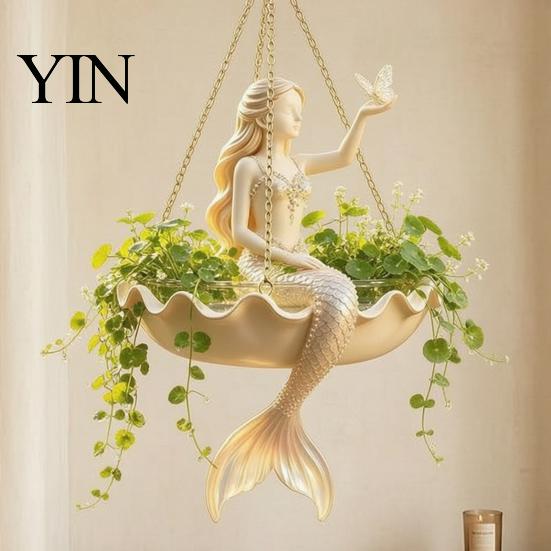 Small Pothos Hanging Container Fairy Ballet Dancer Mermaid Planter, Resin Decorative Flower Pot with Metal Chain, Wall Vase Outdoor Indoor Garden