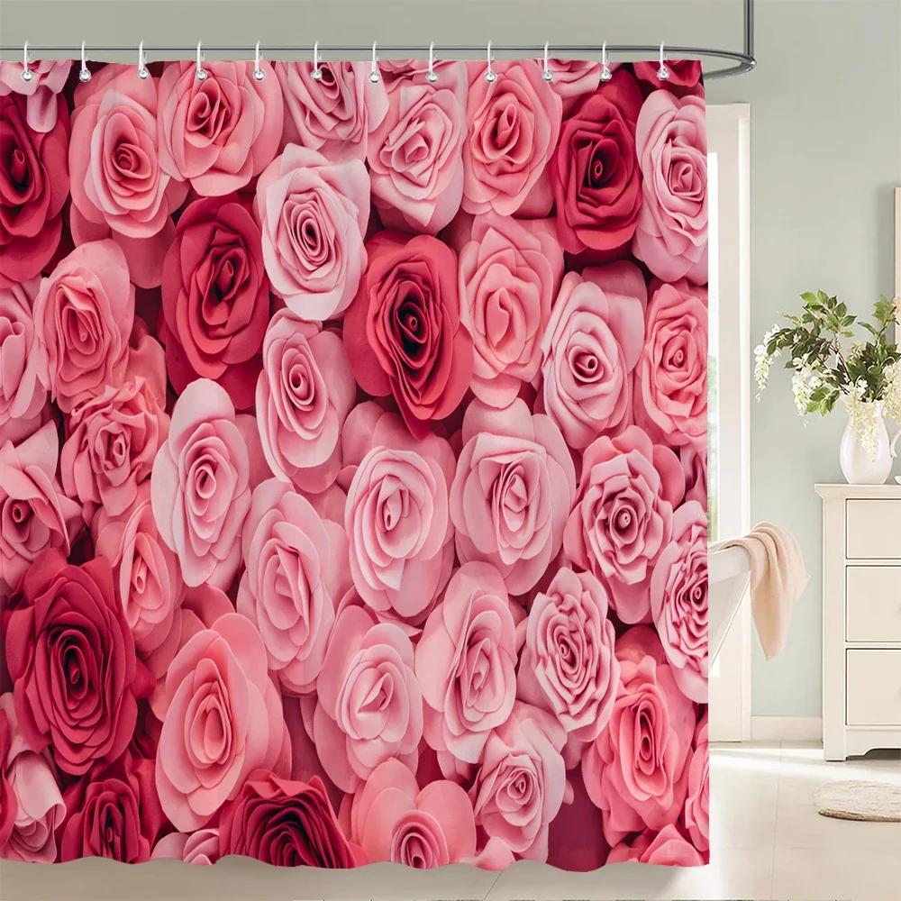 Rurality Fresh Flowers Wall Shower Curtains Bathroom Shower Curtain 3D Fabric Bath Curtain With Hooks Waterproof Bath Screen