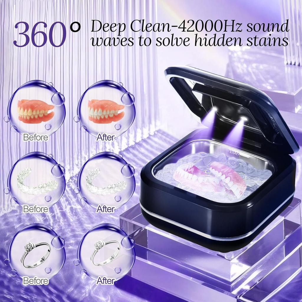 Ultrasonic Cleaning Device for Dentures, 42kHz UV Cleaner, 180 Ml Cleaning Device, Glasses, 2 Modes 180/360 Seconds for Dentures, Aligners