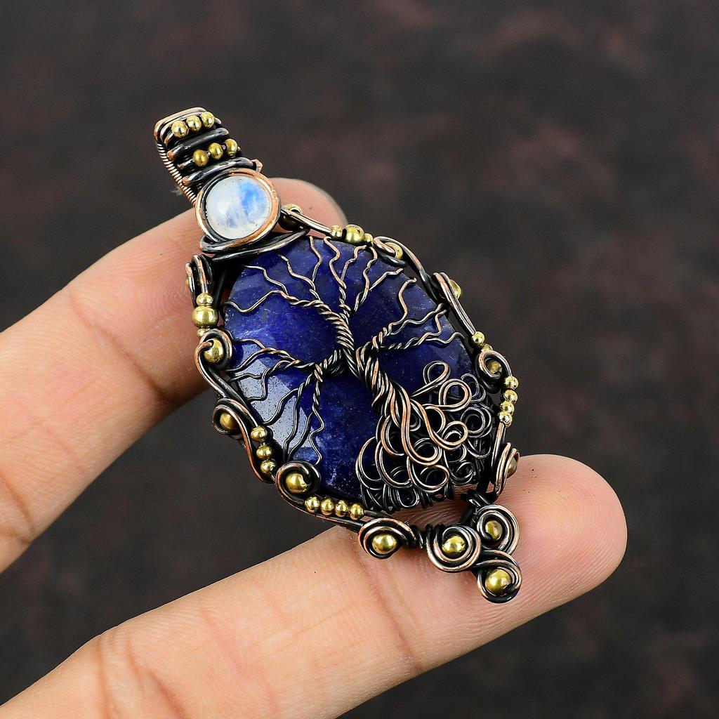 Tree Of Life Faceted Blue Sapphire Pendant Copper Wire Wrapped Gemstone Pendant Rainbow Moonstone Pendant Handmade Jewelry Anniversary Gifts