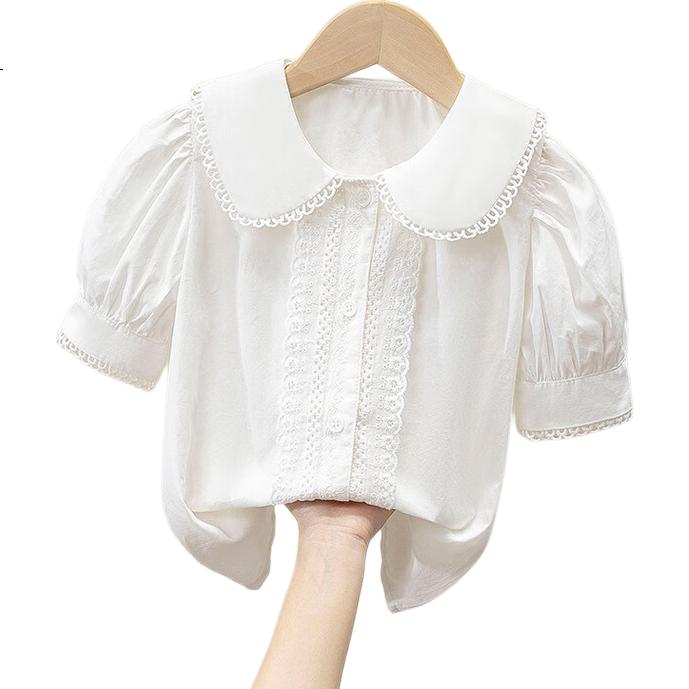 LUOBOBEIBEI Girls' White Blouse with Lace Trim, Versatile Japanese-Style Sweet Doll Collar Short-Sleeve Top, White, Size 130