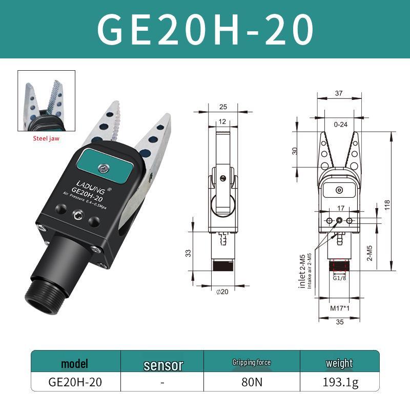 Double-Acting Pneumatic Needle-Nose Gripper GE20B-20 for Robotic Arm and Water Jet Applications