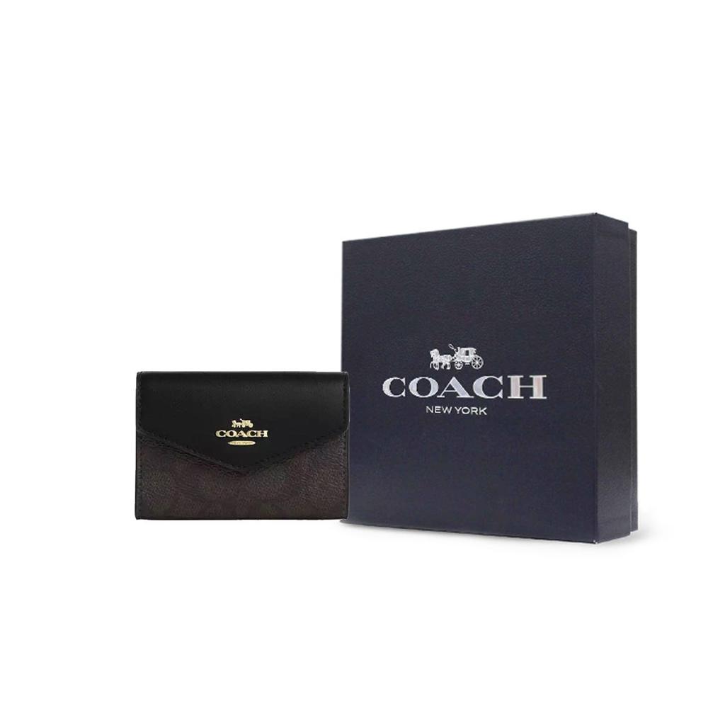 Coach Flap Card Case 10 Classic Horse And Carriage Logo Coated Canvas Wallet Card Holder Women Wallet Black CZ272-IMXAQ