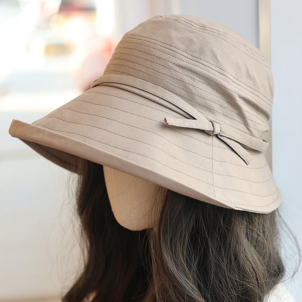 Literary Cotton and Linen Eaves Simple Bucket Hat Women's Spring and Summer Versatile Stitching Bow Sunshade Cloth Hat