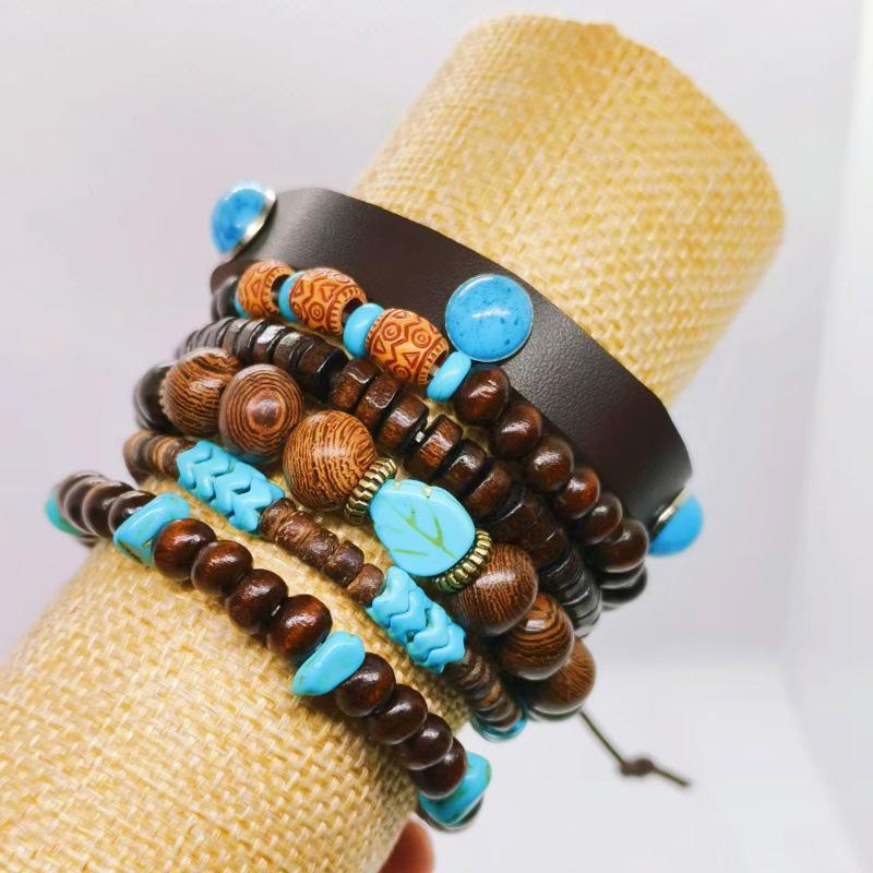 Turquoise Woven Bracelet with Ethnic Style Chicken Feather and Wood Bracelet Set