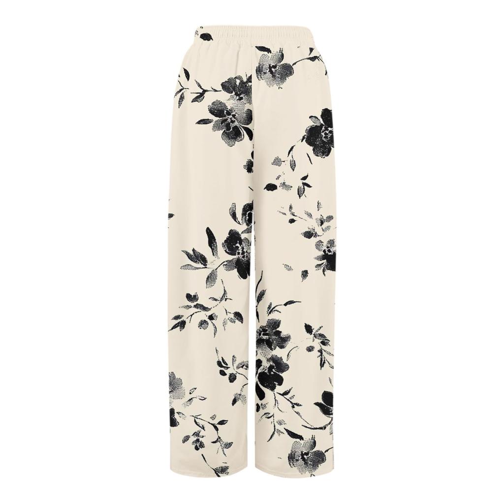 Dámské potištěné kalhoty s širokými nohavicemi s kapsami Vysoký pas Stahovací šňůrka Volné ležérní kalhoty