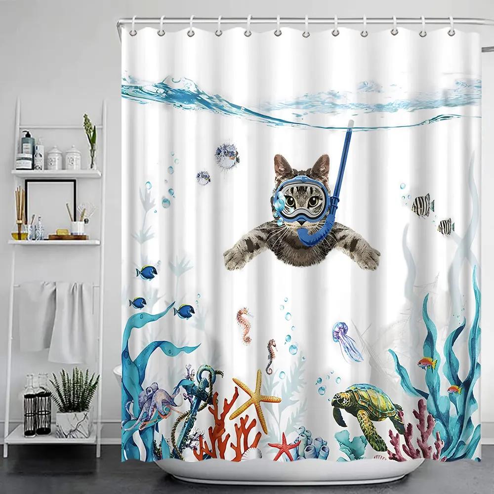 Funny Cat Shower Curtain Fun Animal In Bathtub with Fish Cloth Fabric Shower Curtain Hilarious Pet Bathroom Decor Set with Hooks