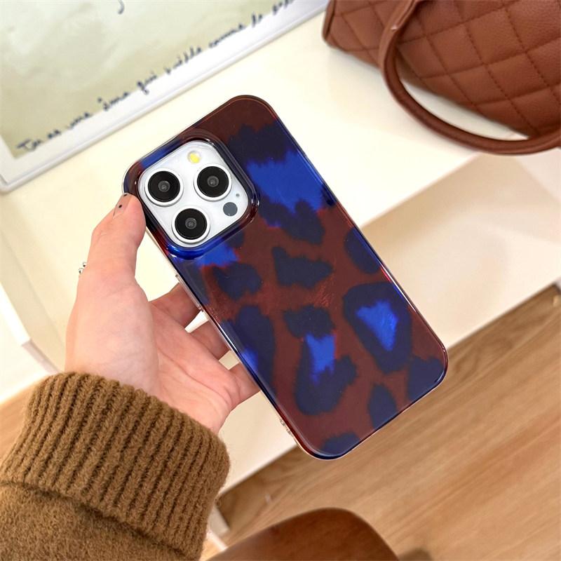 Retro Art Blue Brown Leopard Print Color Mixing Cover Case for iPhone 13 14 15 16 Pro Max Glossy Glacial Streak Phone Case