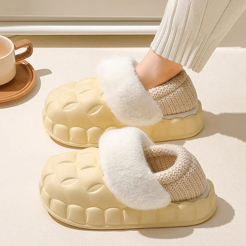 fashion Winter Women Thick Platform Waterproof Slipers Female Simple Non-Slip Flat Slippers Warm Plush Indoor Fur Cotton Shoes 2024