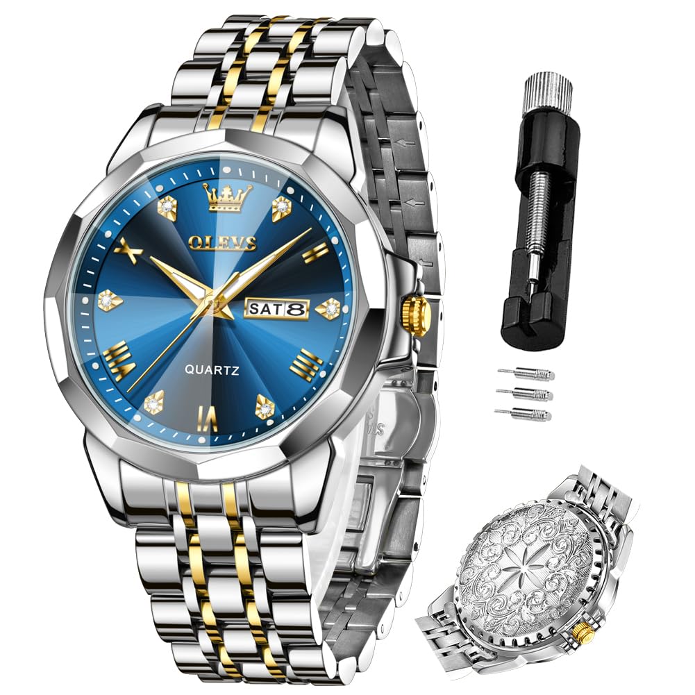 OLEVS Quartz Fragrance Stainless Date Brand Gold Blue Men's Watch, Steel, Waterproof, Display, Calendar, Luminous, Popular, Stylish, Name, &