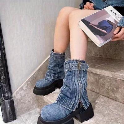 Bottes Martin mi-mollet à semelle épaisse pour femmes automne 2025 nouvelles bottes niche personnalisées en tissu frit pour femmes