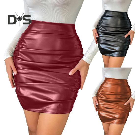 Damen-Etuirock, Kunstleder, hohe Taille, plissiert, Reißverschluss, einfarbig, glatt, atmungsaktiv, Clubwear, schmale Passform, dünn, für Damen, Party, Minirock