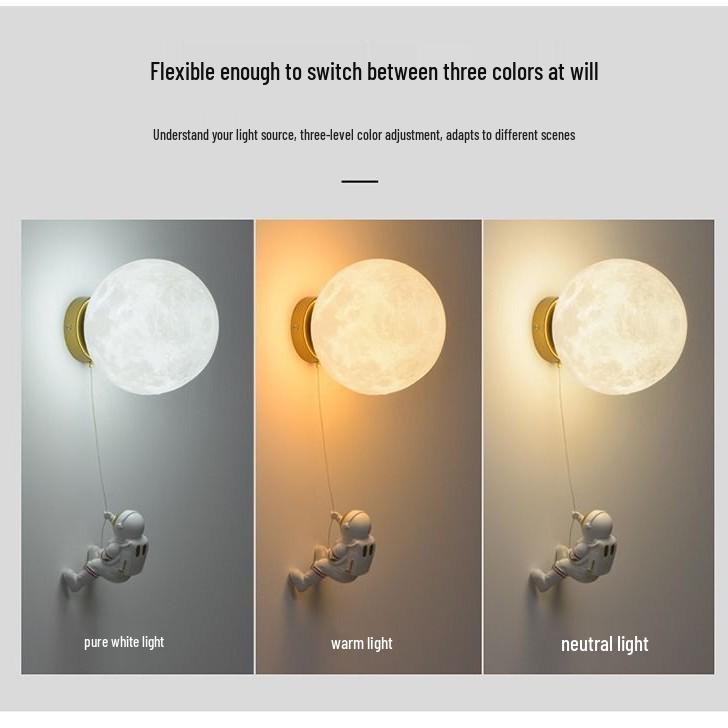 Nordic Modern Children's Astronaut Moon Wall Lamp - Minimalist Cartoon Bedroom Bedside Light