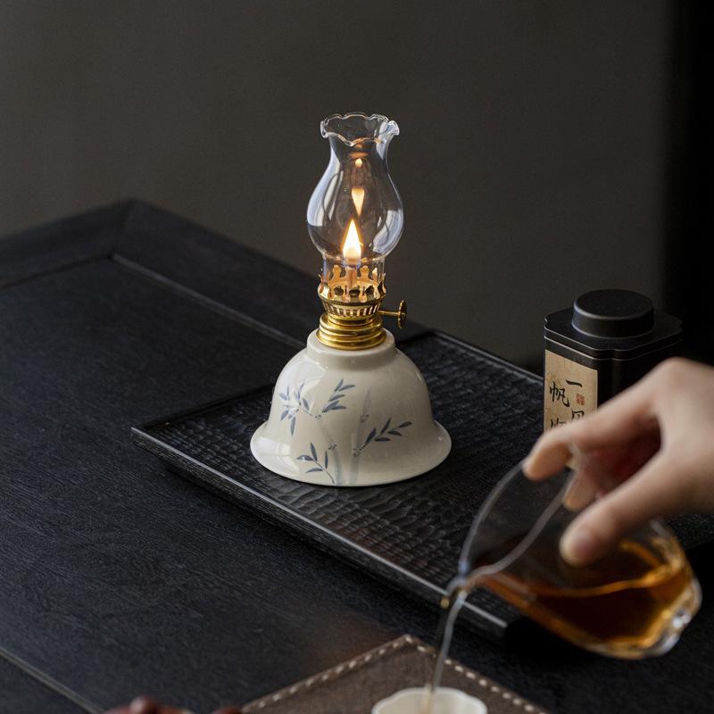 Retro Chinese Ceramic Kerosene Butter Lamp - Nostalgic Indoor Decor