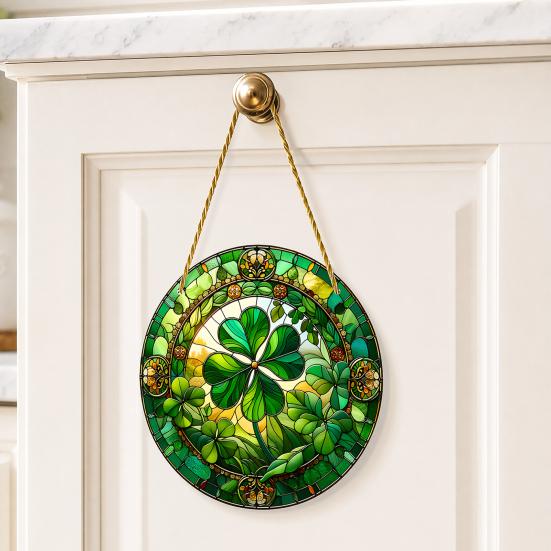 Yousheng St. Patrick's Day Acrylic Suncatcher, Green Four Leaf Clover Window Hanging Ornament, Stained Glass Style Irish Lucky Sun Catcher Decor for