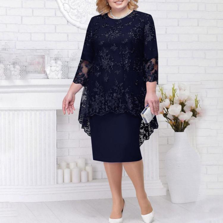 Mode Damen Lässig Zweiteiliges Set Kleid Spitze Stickerei Mittellang Qunide