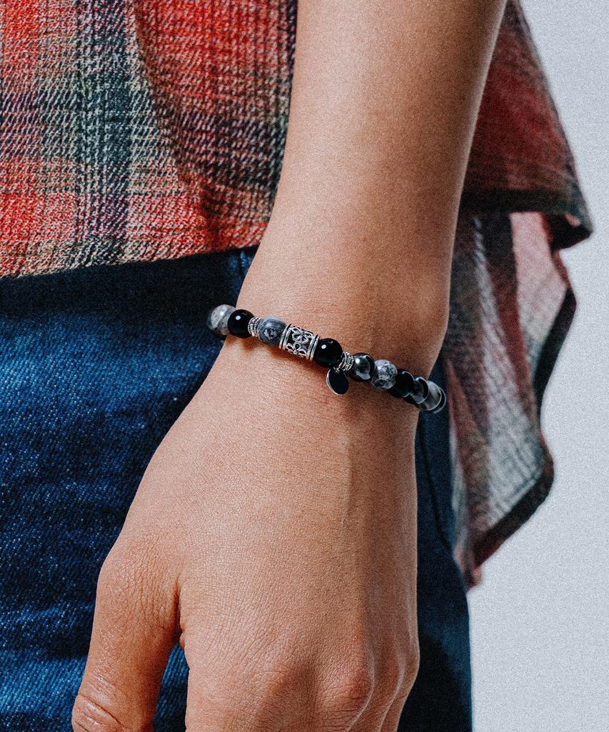 Scalettoblack Scb099 [Surgical Steel] Black And Grey Gemstone Bracelet