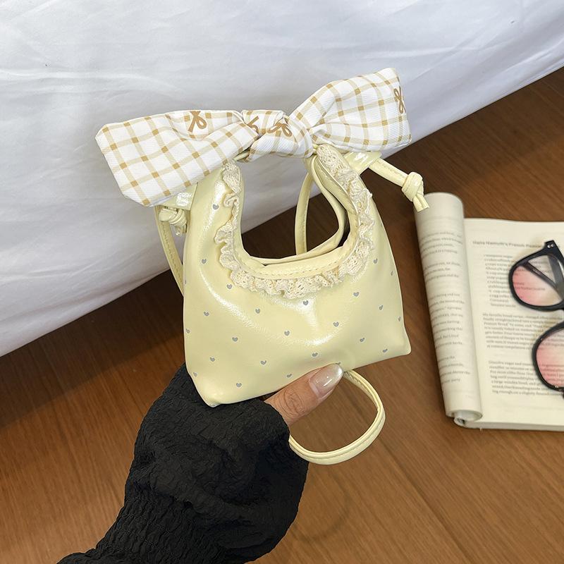 Creamy White Faux Leather Mini Tote Bag Plaid Bow Heart Print Lace Trim For Girls Daily Use School Dates