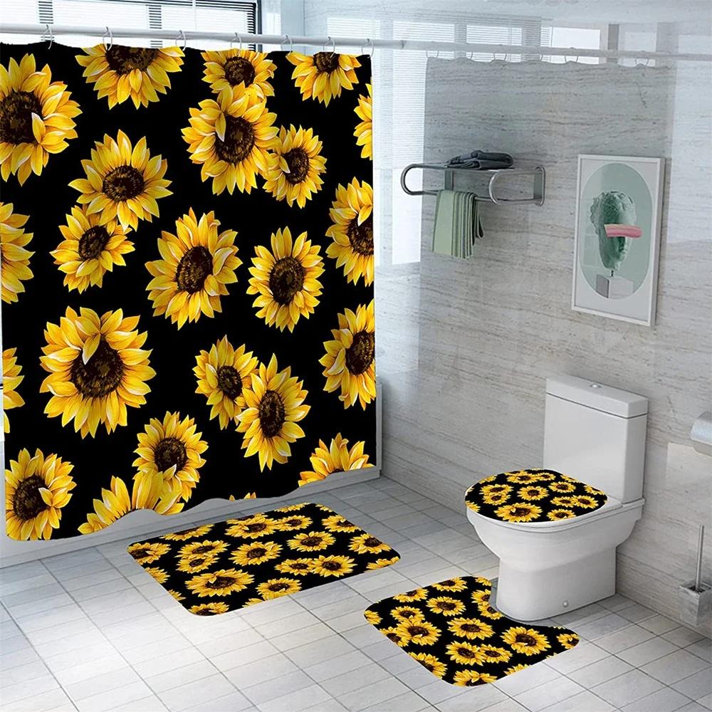 Magic Sunflower Butterfly Shower Curtain Sets Black Yellow Art Country Flower Bathroom Decor Curtains Bath Mats Rug Toilet Cover