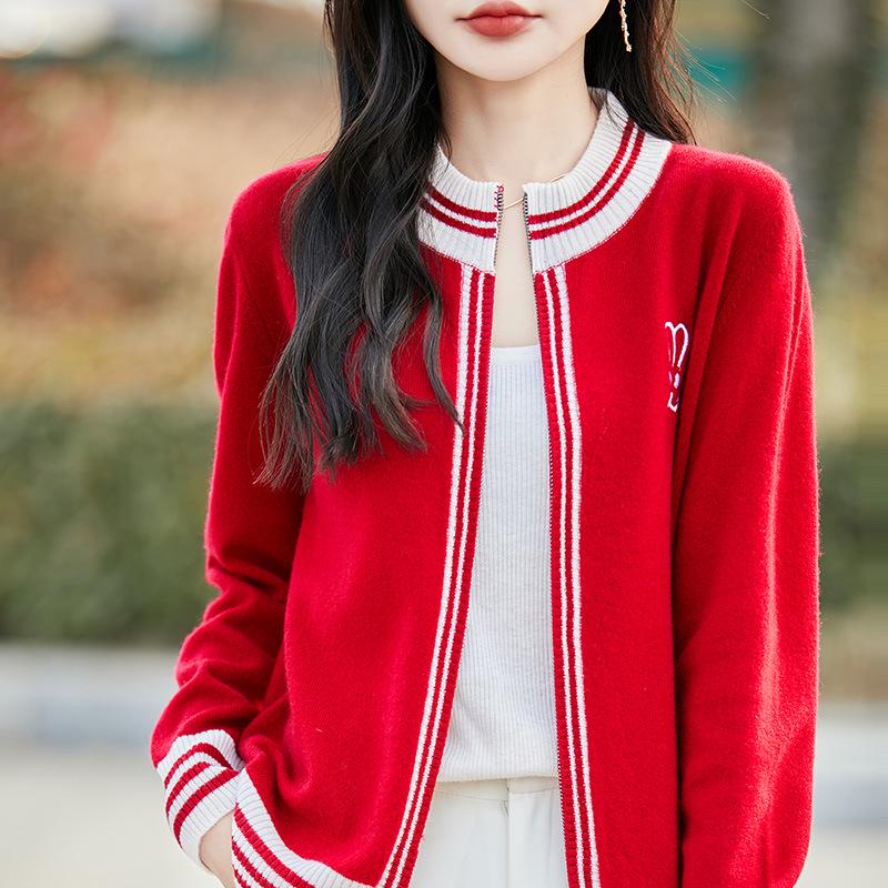 Women's 100% Pure Wool Intarsia Color Block Knit Cardigan - Loose, Casual, Zipper Outerwear for Autumn and Winter