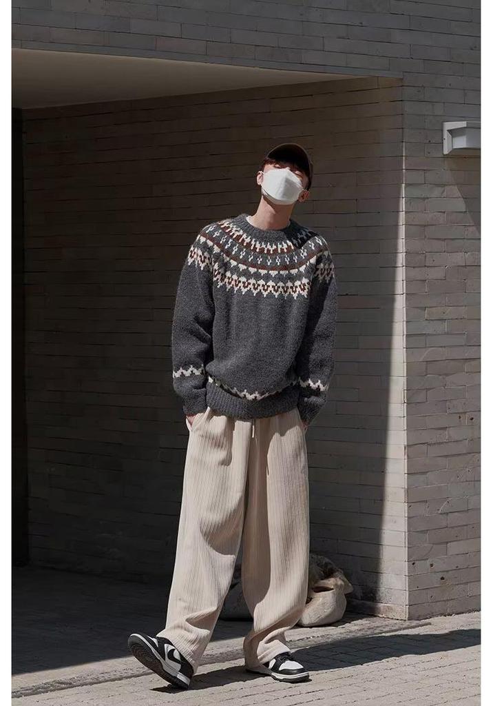 Men's Autumn/Winter French Fair Isle Stripe Knit Sweater - Round Neck, Loose Fit, Versatile Casual Style.