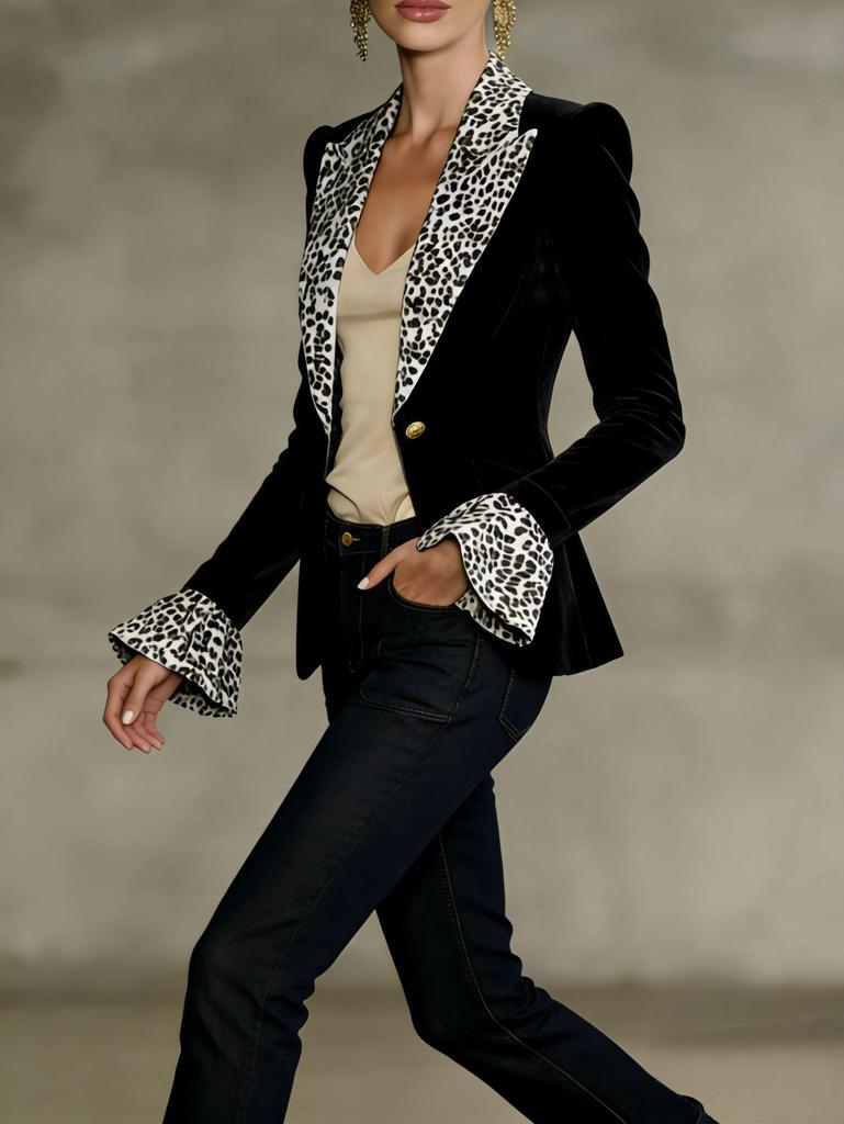 Multi-color Leopard Print Velvet Suit with Bell Sleeves and Faux Pockets - Women's Fashion
