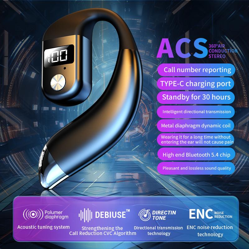 Wireless Bluetooth 5.4 Earphone Ear Hook Headphone LED Display HiFi Stereo Noise Reduction Sport Waterproof Headset