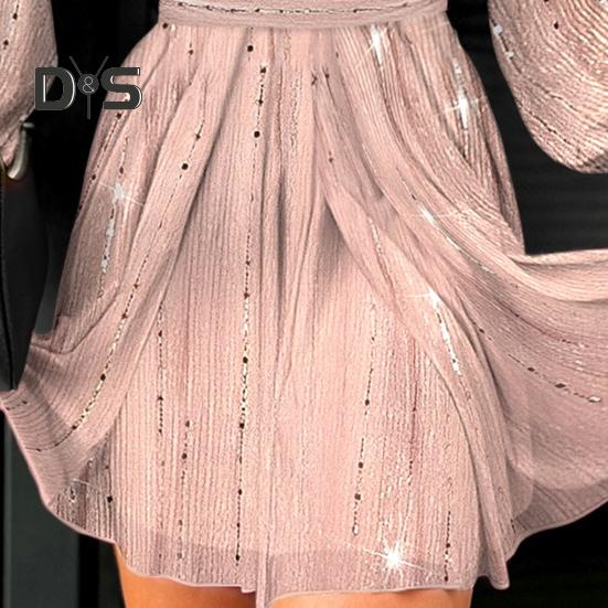 Women Dress Low Cut Deep V Neck Long Lantern Sleeves Solid Color Tight Waist Pleated A Line Big Swing Commute Lady Spring Summer Mini Dress