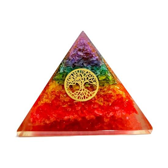 Crystal Pyramid of Seven Chakras with Four Sided Tree of Life Symbol for Reiki Healing, Balancing Chakra