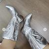 Cowboy Western Boots for Women Shiny Metallic Women's Embroidery Knee High Stiletto Pointed Toe Pink Shoes For Dropshipping