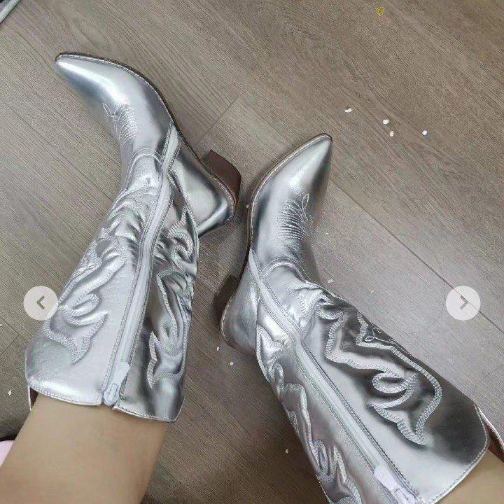 Cowboy Western Boots for Women Shiny Metallic Women's Embroidery Knee High Stiletto Pointed Toe Pink Shoes For Dropshipping