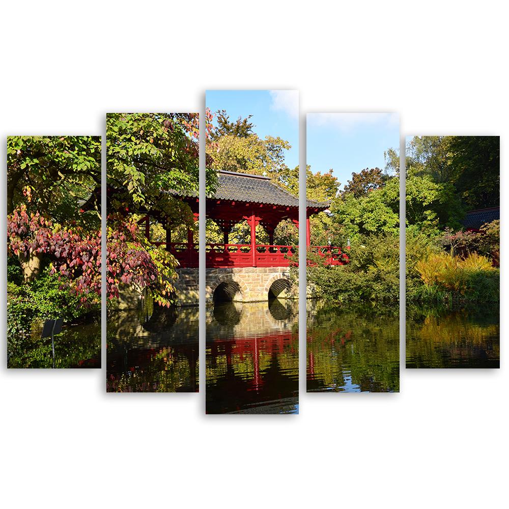 Fünfteiliger Leinwanddruck „Garten Japan Landschaft“.