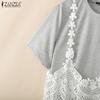 ZANZEA Women Summer Round Neck Lace Patchwork Casual Short Sleeve T-shirt