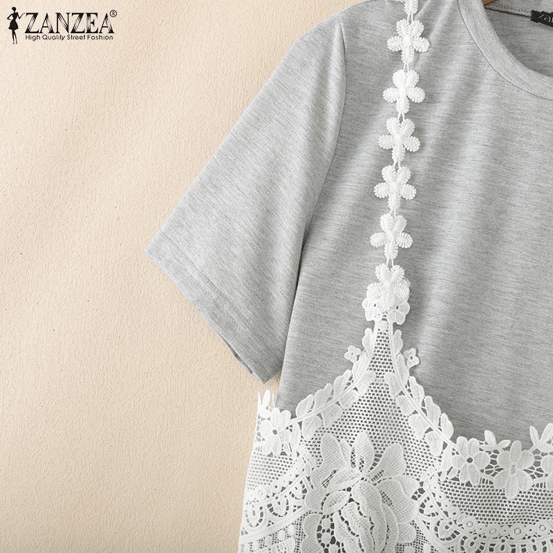 ZANZEA Women Summer Round Neck Lace Patchwork Casual Short Sleeve T-shirt