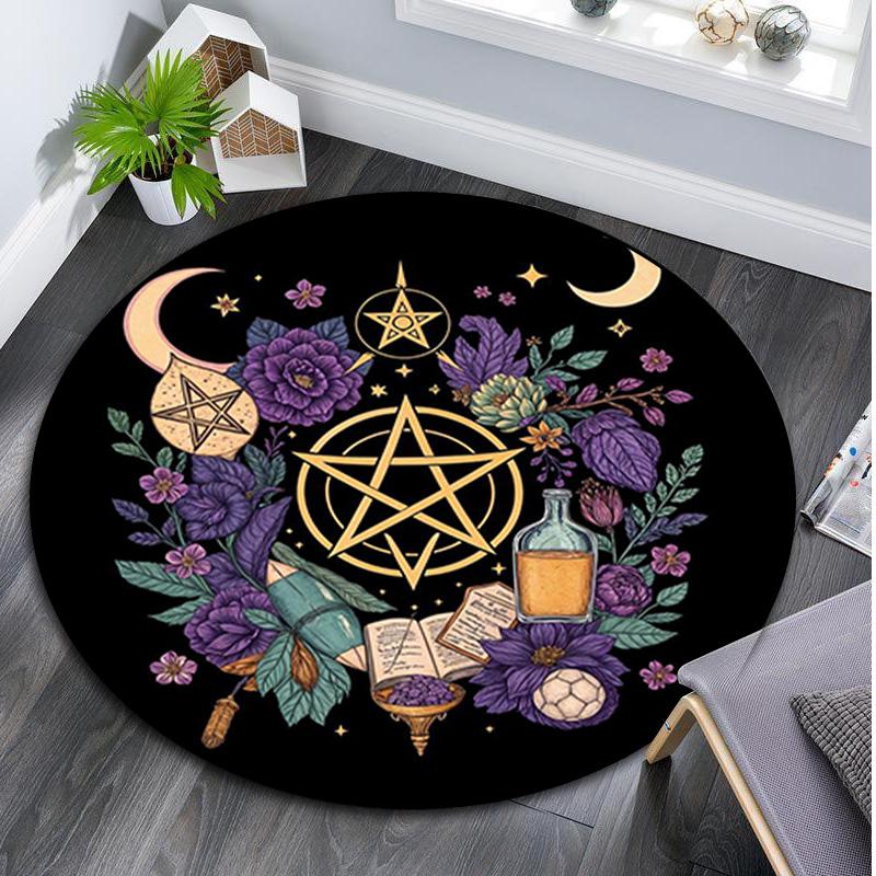 Floral Moon Phase Circular Rug - Office Decorative Carpet For Living Room Bedroom Door Mat Floor Rug Computer Chair Area Rug