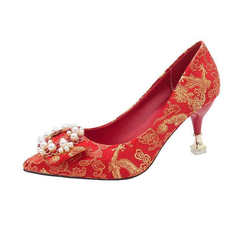 Summer spring Chinese wedding shoes women's red high heels thick heel dragon and phoenix embroidered bridal shoes high heel cheongsam
