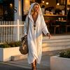 Damen Taschenkleider Langarm Kapuzenkleid, Lässiges Lockeres Boho Maxikleid in Unifarben für den frühen Herbst, V-Ausschnitt mit Taschen V-Ausschnitt