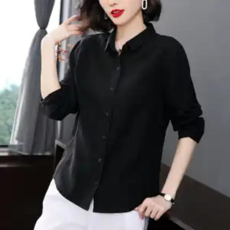 Women's Spring Casual Linen Top Collared Long Sleeve Button Up Shirt