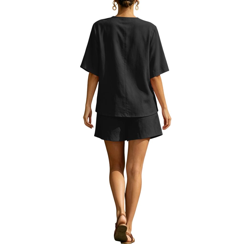 Womens Nordic Casual V Neck Single Breasted Tie Waist Shorts Set Lightweight Relaxed Fit Summer Outfit