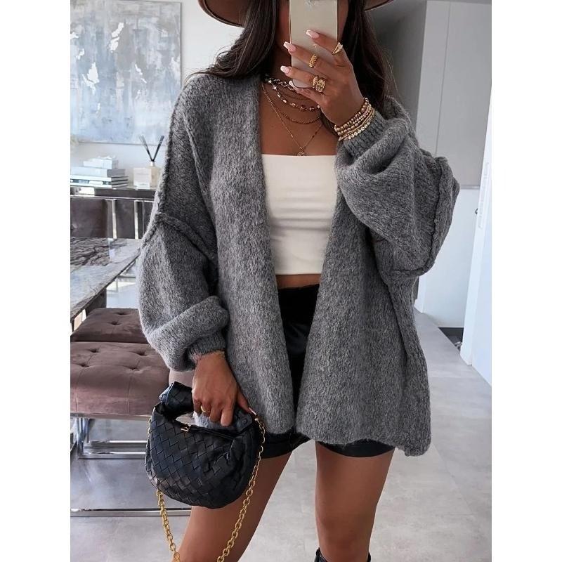 Autumn Winter New Casual Knitted Sweater Cardigan Jacket Loose Long Sleeve Solid Color Mid-length Sweater Women Cardigan Jacket